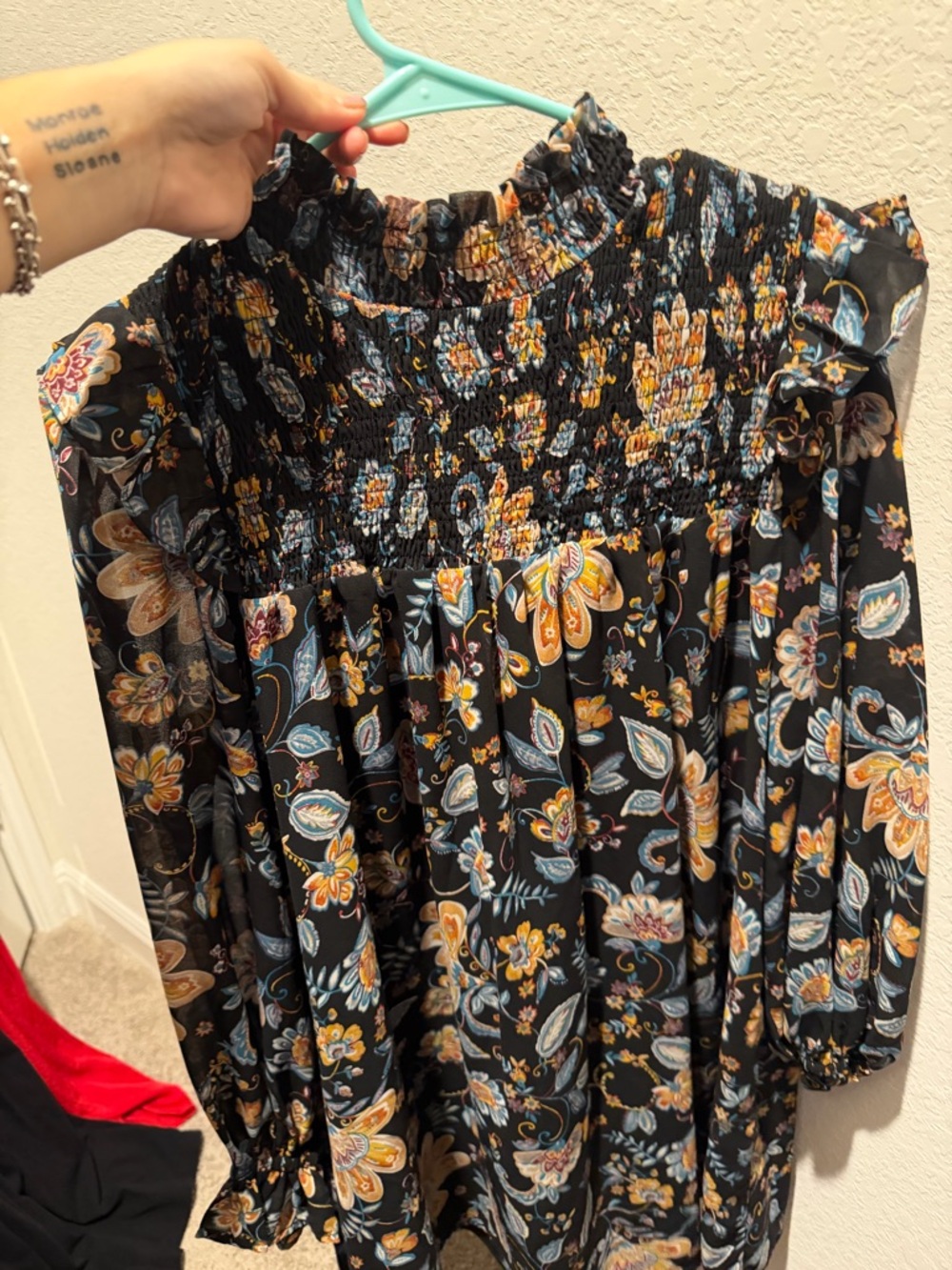 Source Unknown Black Floral Long Sleeve Dress with Smocked Neck